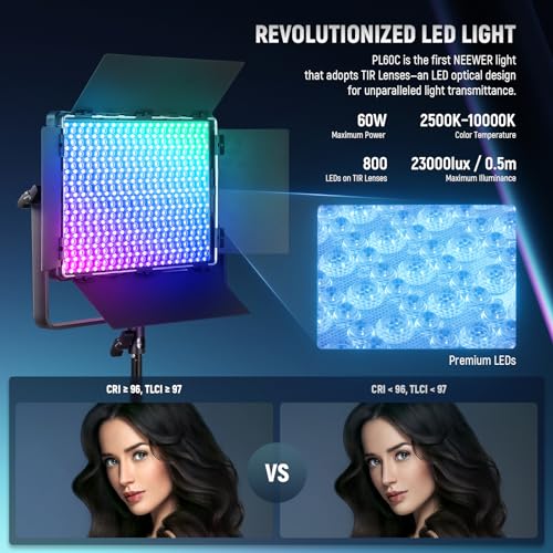 NEEWER-PL60C-RGB-LED-Panel-Video-Light-APP24GDMX-Control-60W-23000Lux05m-2500K-10000K-RGBCW-Pro-Photography-Studio-Lighting-18-ScenesV-Battery-Powered-for-Outdoor-Filming-Recording-Streaming