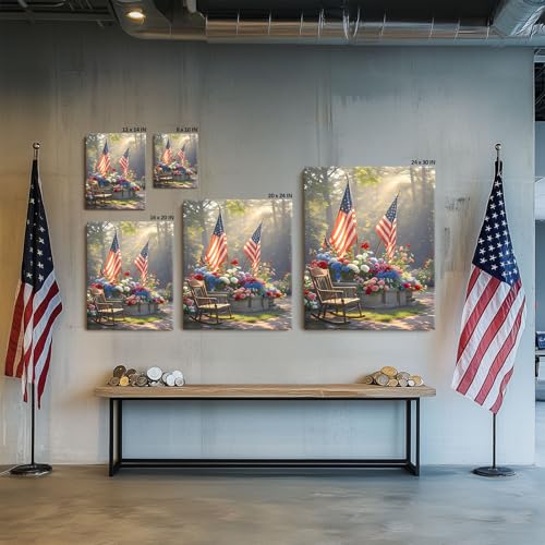 Image of Sunwes Memorial Day Canvas Wall Art, American Flag Rocking Chair and Morning Sunlight with Patriotic Flowers Print, Veterans Day Remembrance Wall Painting for Porch or Living Room 16x20inch