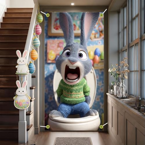 Image of Easter Door Cover 35.43 x 70.87 Inch Funny Bathroom Bunny with Expressive Face Colorful Egg Accents and Playful Interior Scene for Seasonal Door Decoration and Spring Holiday Display