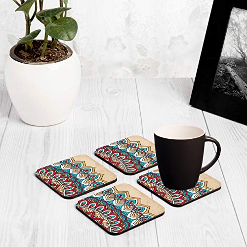 Image of Wooden Coaster Set with Gift Box | Mandala Vintage 2 Design | Set of 4 Tabletop Square Coasters 3.75 inch x 3.75 inch | Kitchen Table Wooden Decorative Items | for Cups, Mugs, Cans, Glasses