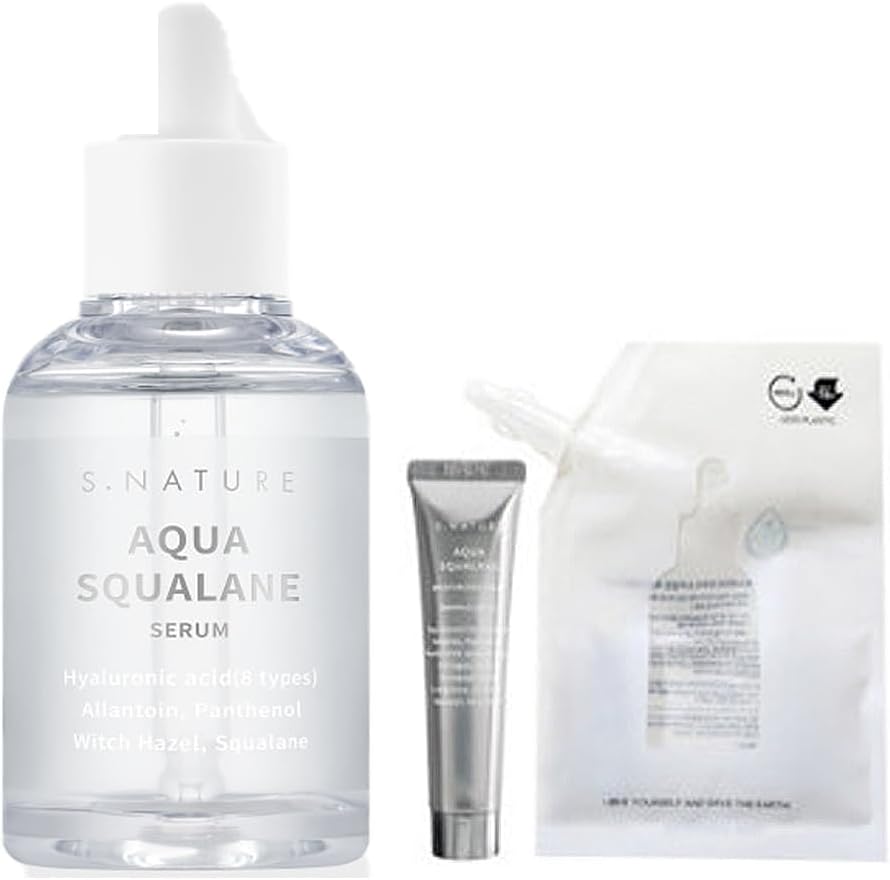 S.Nature S Nature Aqua Squalane Serum 50ml, S Nature Aqua Squalane Serum Refill 50ml, S Nature Aqua Squalane Cream 10ml, Korean Glass Skin Care 3.71 Fl Oz (Pack of 3), white