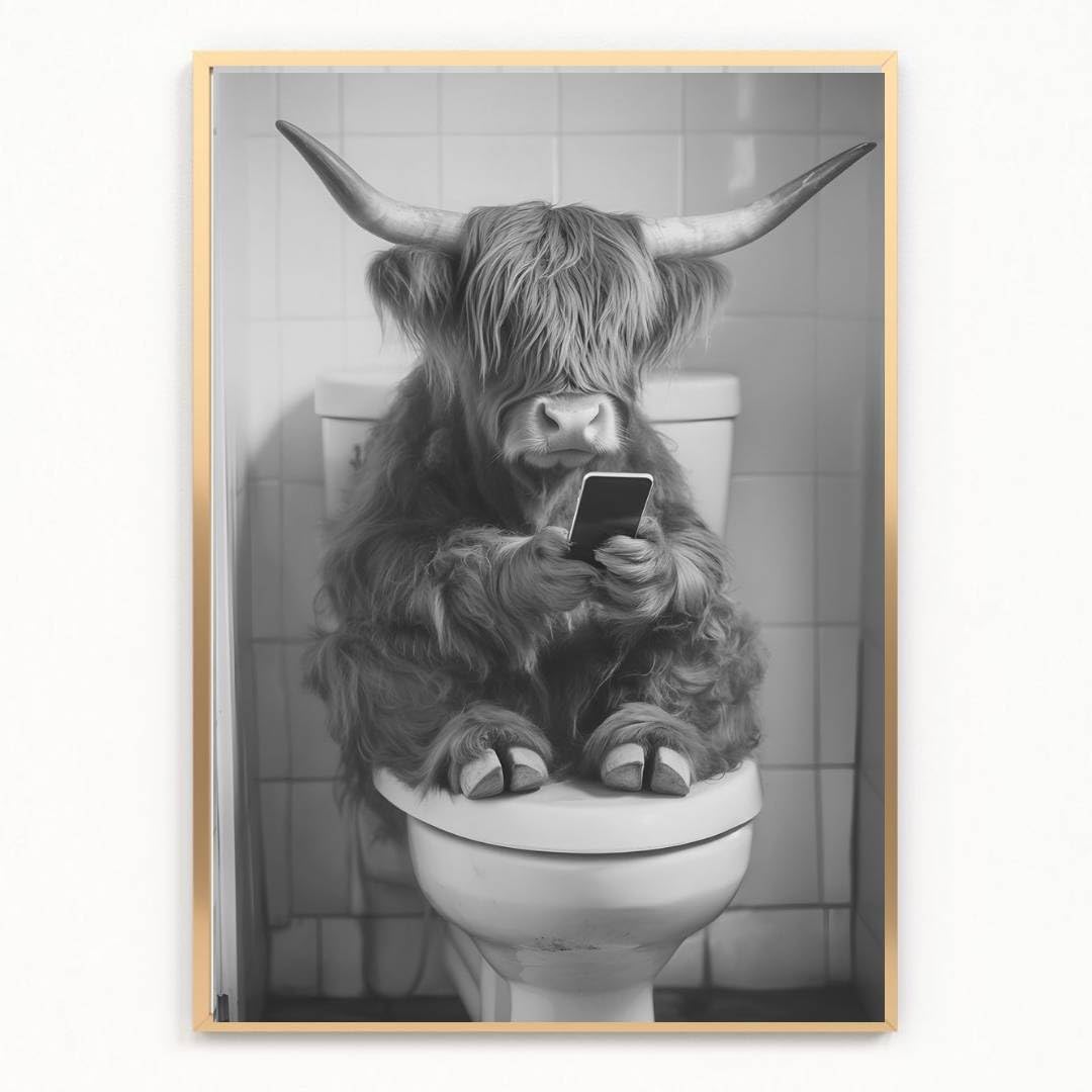 gfc Funny Bathroom Toilet animal Print Picture Poster highland cow on a toilet selfie phone A4 UNFRAMED wall art Home decor Decorating