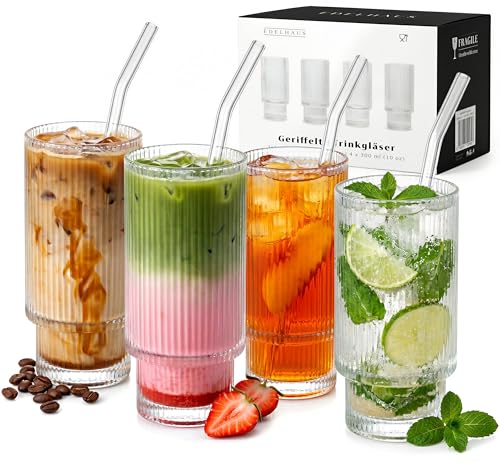 EDELHAUS Gläser Set 4-teilig mit Strohhalm (300ml) - Geriffelte Cocktailgläser Riffle Ripple Aesthetic Gin Trinkgläser Set Longdrinkgläser Matcha Gläser