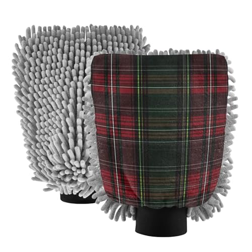 ALAZA Green and Red Tartan Plaid Car Wash Mitt Scratch Free, 2 Pack Absorbent Microfiber/Chenille Washing & Drying Mitts, M
