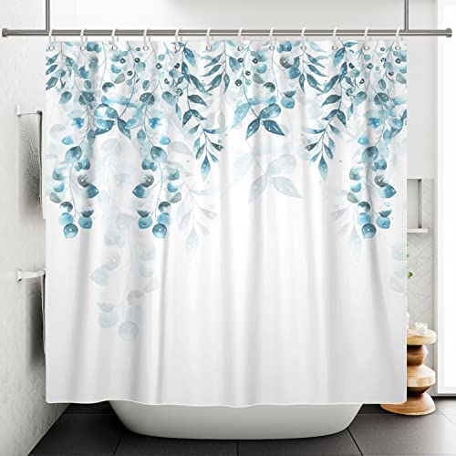 SDOTPMT 140x183cm Teal Green Leaves Shower Curtain Eucalyptus Leaf Natural Plant Branch Bath Curtain White Bathtub Curtain for Kids Bathroom Decor Fabric Polyester Waterproof with Hooks - Image 2