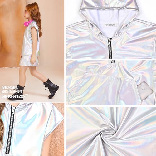 Image of Perfashion Girls Vest Metallic Half Zip Hoodie Sleeveless Leather Disco Jackets with Kangaroo Pocket 4-13Y