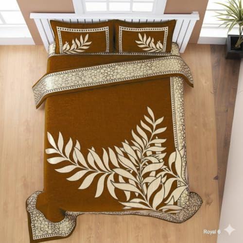 Image of Fresh from Loom Chenille 500 TC Double Bedsheet, Leaf Print Design with 2 Pillow Covers, Bedsheet Set for Bedroom Styling, Soft Touch Breathable Bedding, EAS 90x100 Inches | Leaf Camel | Chenille