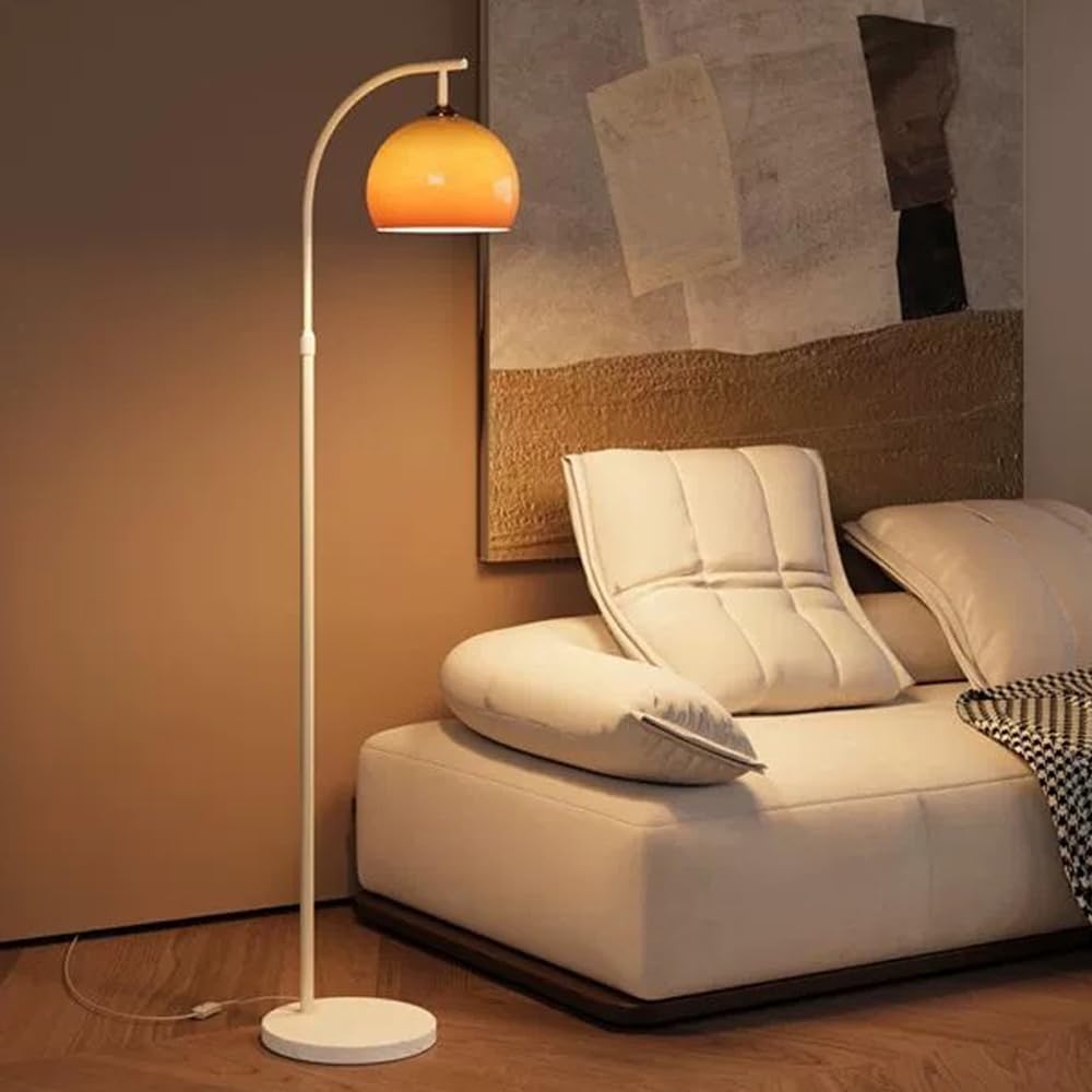 KlkrzJwy Nordic Orange Glass Floor Lamp Arc Height Adjustable Floor Light Marble Base Tall Lamp with Globe Glass E26 Dimmable Standing Fixtures for Living Room Sofa Area Study Bedroom