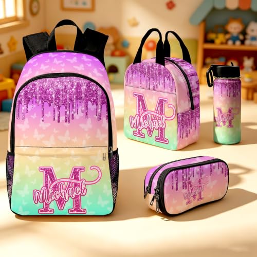 Image of Custom Backpack for Girls Personalized Kids Backpacks Back to School Set | Kid Customized Toddler Girl Backpack with Lunch Bag Book Bag Kindergarten Prek Preschool Gifts Rainbow Butterfly