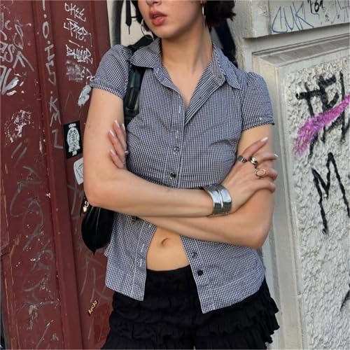 Women Y2K Button Down Plaid Shirt Preppy Slim Fit Short Sleeve Gingham Blouse Top Vintage Coquette Collar Crop Top2