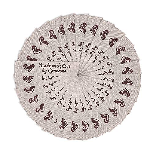 Wunderlabel Made with Love by Grandma Grandmother Woven Ribbon Clothing Clothes Garment Fashion Embroidered Heart Symbol Iron On Fabric Craft Rectangle Tags, Dark Brown on Off White, 50 Labels