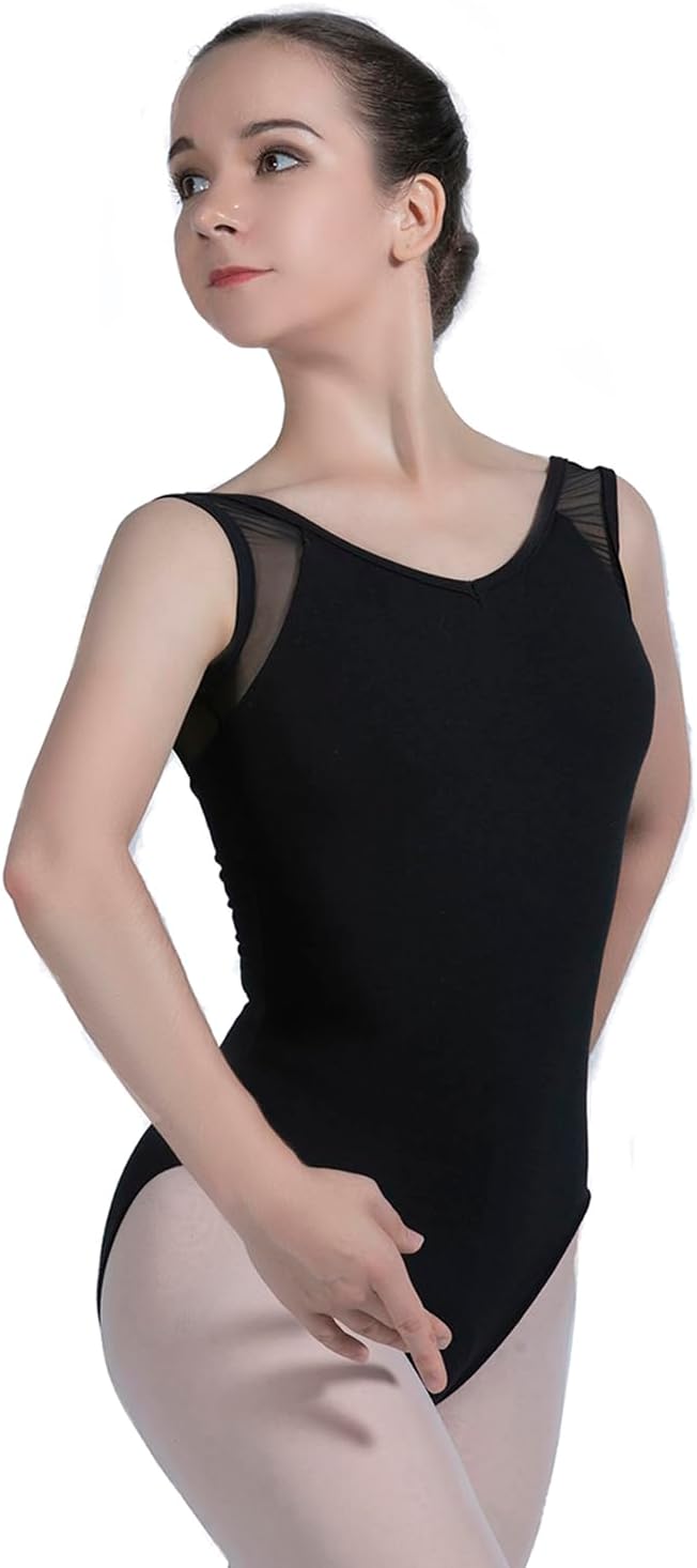 Mesh Shoulder Ballet Leotard with Open Back Cross Strap | Nude Front Lining, Stretch and Breathable, Machine Washable, for Gymnastics Ballet Dance Class Practice, for Studio Rehearsal