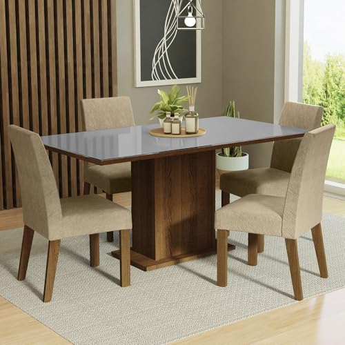 Image of Madesa 4 Seater Dining Set Rectangular Glass Table Top Sturdy Wooden with Fully Cushioned Seats 160 Cm for Dining Room and Kitchen - Brown /Gray /Beige