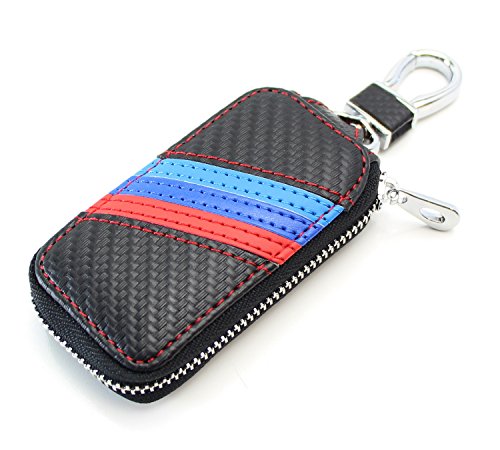 Ijdmtoy (1 M-Colored Stripe Carbon Fiber Pattern Leather Key Holder Cover Wallet Compatible With Bmw #TOP2