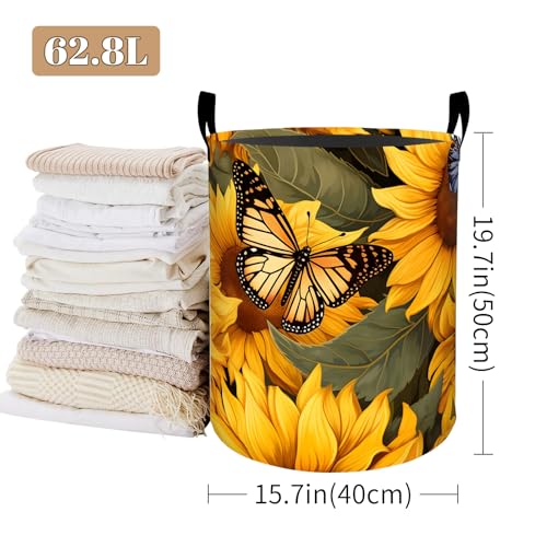 Image of Sunflower Colorful Butterfly Laundry Basket, Foldable Oxford Cloth, Waterproof Dirty Clothes Hamper with Handles, Clothing Storage Bucket Toy Organizer for Bathroom Bedroom Dorm, 19.7 inchx15.7 inch