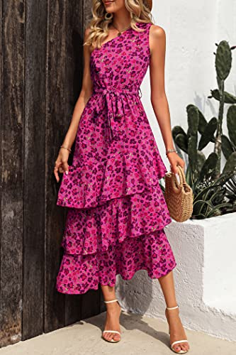PRETTYGARDEN Women's Summer Floral Sundress Casual One Shoulder Tiered Ruffle Flowy Midi Beach Boho Dresses (Floral Rose Red,Small) - image 6