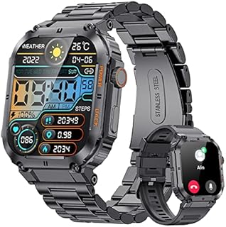 Smartwatch Herren Militärische mit Telefonfunktion,1.96'' HD Touchscreen,100+ Sportmodi Aktivitätstracker mit Herzfrequenz/SpO2/Schlafmonitor/Schrittzähler,400mah Sportuhr,5ATM Wasserdicht Schwarz