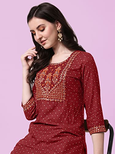 Image of MIRCHI FASHION Women's Straight Fit Rayon Sequins Embroidered and Polka Dots Printed Kurti Only