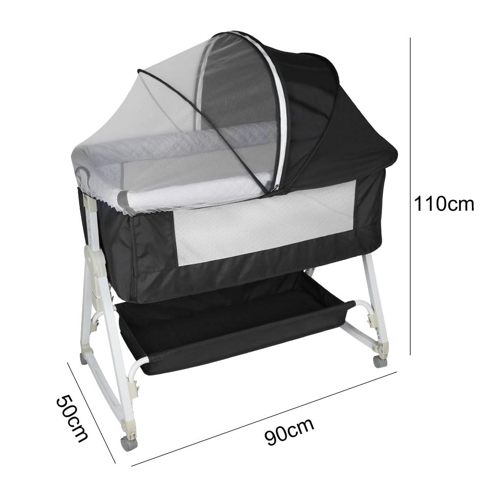 2 en 1 Berceau Cododo pour Bébé,Lit Cododo de Bébé avec Matelas et Moustiquaire 4 Roues,pour 1 à 36 Mois,Inclinaison&Hauteur Réglable, 95 * 50 * 98-110cm, Noir