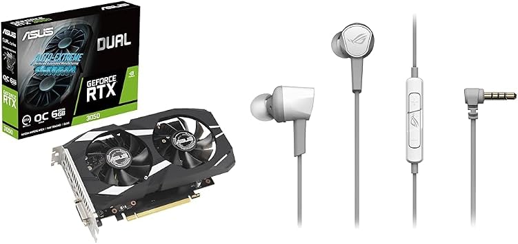 Set Purchase ASUS Dual GeForce RTX 3050 OC Edition 6GB GDDR6 Video Card / DUAL-RTX3050-O6G + ASUS Gaming Earbuds ROG Cetra II Core Moonlight White PS5/PS4/PC/Switch