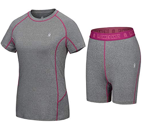 Little Donkey Andy Women's Short Sleeve Underwear Set Performance Base Layer Wicking T Shirts Active Top & Bottom Gray M