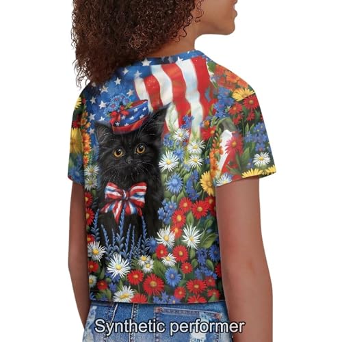 Image of 4th of July Shirt for Girls 7-8 Years US Flag Crop Tops Kids Outfit Independent Day Graphic Tee-