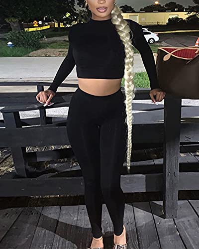Mulisky Women’s Casual 2 Piece Outfits Sexy Bodycon Long Sleeve Crop Top With Long Pants Tracksuit Set Jumpsuits Black L #TOP5