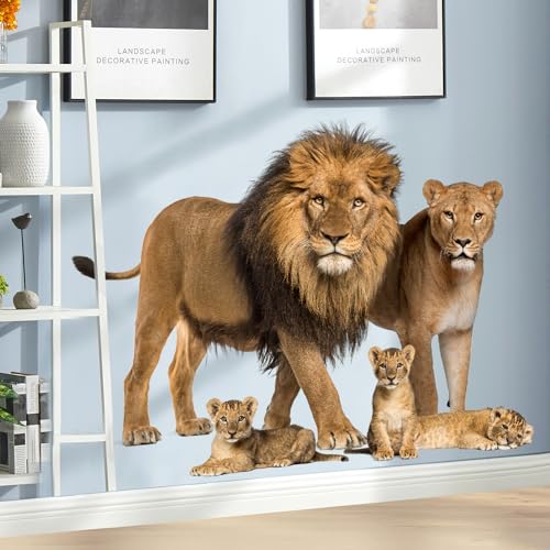 RAINBOW WSK Lifelike Lion Wall Decals Peel and Stick 3D Jungle Wild Animal Wall Sticker Tropical Lion Family Wall Mural Removable Wall Decor for Bedroom Living Room Club Party ZC96392001