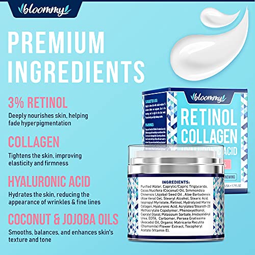BLOOMMY Collagen & Retinol Cream - Made in USA - Collagen Anti Aging Cream for Face with Hyaluronic Acid - Day & Night Retinol Moisturizer - Anti Wrinkle Facial Cream - 1.7 oz
