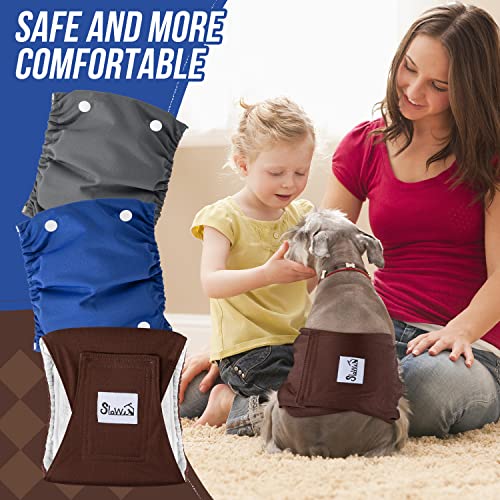 Slowton Washable Dog Diapers Male - 20% Wider & Highly Absorbent Dog Belly Bands With Removable Pads - 3 Pack Soft Reuseable Male Dog Wraps With Leak Proof Fit (Grey, Blue, Brown, Medium) #TOP5