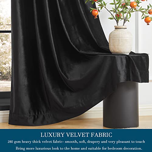 Image of PRIMROSE Black Curtains 63 inch for Living Room Velvet Drapes Blackout Rod Pocket Back Tab Window Treatment Semi Room Darkening Decor Curtains for Bedroom Set of 2 Panels