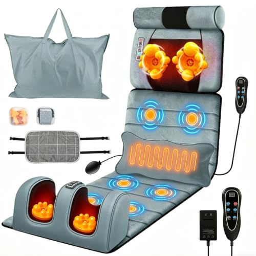 Full Body Massage Mat with Heat,Electric Massage Pad for Neck,Back,Foot&Full Body Pain Relief,10 Vibrating Nodes 3 Heating Levels W/ Detachable Neck,Foot Massager,Head Pillow&Inflatable Lumbar Pillow