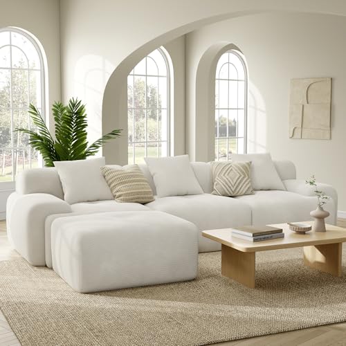 LIKIMIO LumiCord 118 Tufted Modular Sectional Sofa with Ottoman Modern L-Shaped Boneless Couch for Living Room 26.8 Deep Seat 18.1 High Seating 15 Wide Armrest Corduroy Oatmeal Beige