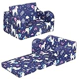 MOMCAYWEX Rainbow Unicorn Kids Sofa, 2-in-1 Kids Couch Fold Out, Convertible Sofa to Bed for Girls and Boys