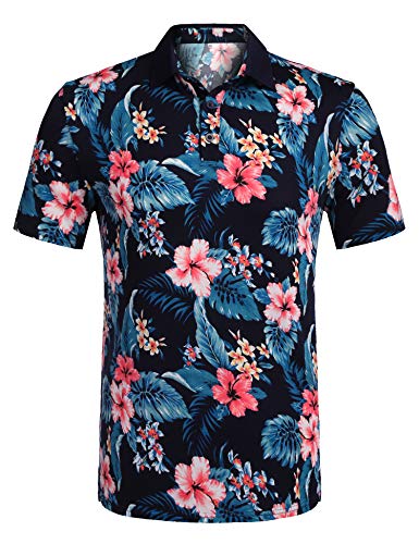Urru Men's Casual Summer Cotton Regular Fit Short Sleeve Floral Printed Polo Shirts Dark Blue Xl #TOP2