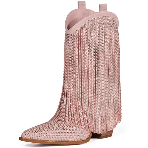 Image of Cowboy Boots for Women - Cowgirl Western Rhinestone Sparkly Fringe Chunky Heel Pointed Toe Mid Calf Boots