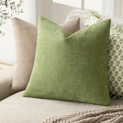 Image of Foindtower Pack of 2 Soft Textured Chenille Throw Decorative Pillow Covers Square Accent Solid Cushion Cover Neutral Farmhouse Pillow Case for Couch Sofa Bedroom Living Room 20x20 Inch,Lush Green