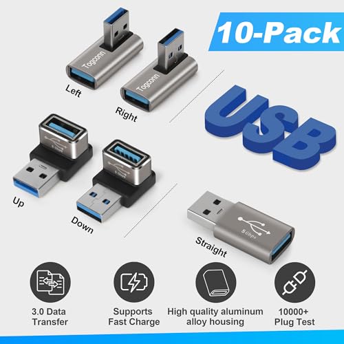 Image of Angle USB 3.0 Adapter 5 Pack, Multiple Angles(UP /Down /Left /Right /Straight),USB A Male to Female Connector Converter USB L Shape Extender, Support Charge & Data Sync for PC, Laptop, Mouse, Keyboard