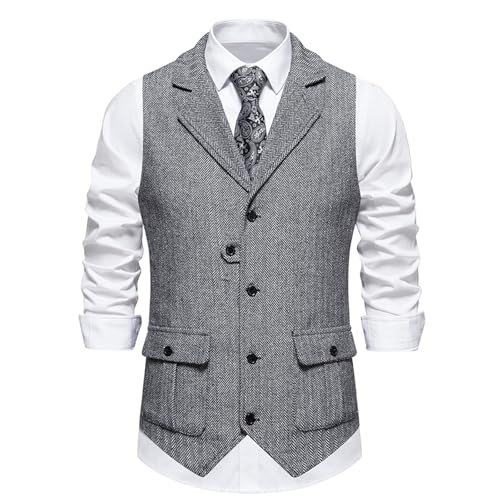 Gilet de costume en tweed sans manches col en V homme noir XL