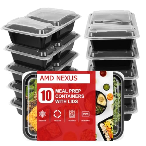 Image of (10 Pack, 32oz) 2 Compartment Plastic Meal Prep Containers - Reusable BPA Free Food Containers with Airtight Lids - Microwavable, Freezer and Dishwasher Safe