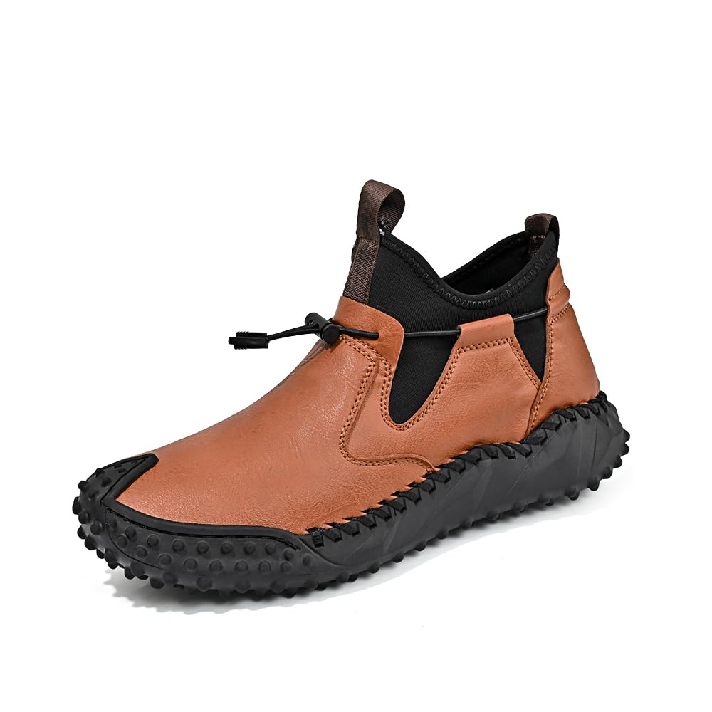 Asifn Mens Outdoor Hiking Boots Leather Casual Boots Lightweight Comfortable Bare Boots Slip Resistant Driving Boots Yellow 7.5 US