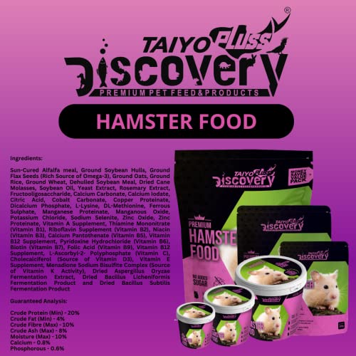 Image of Taiyo Pluss Discovery Hamster Food - 1.1 kg (1 kg + 100 g Free) Bucket Container | High Fibre Sticks with Alfalfa for Growth | Complete Nutrition for Hamsters | Supports Strong Bones & Teeth