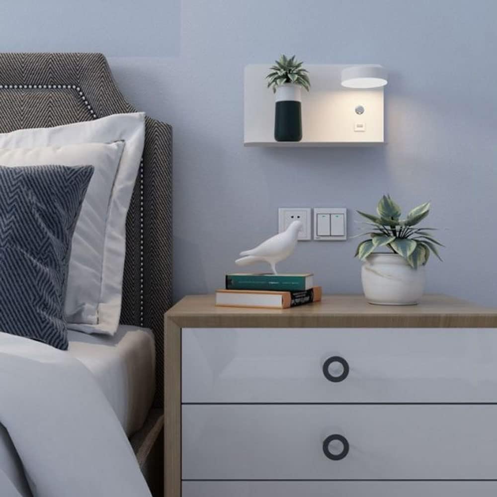 Luz De Pared Led De Cabecera con Puerto USB Y Interruptor Luces De Lectura Giratorias Modernas De 7w Lámpara De Pared De Aluminio Blanco con Estante para Dormitorio, Sala De Estar, Sala De, A