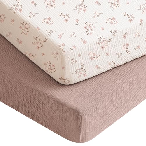 Image of Konssy Muslin Crib Sheets for Boys, Soft Cotton Neutral Baby Sheets for Standard Crib Mattress 2 Pack, 52"x28" (Soft Blooms,Taupe)