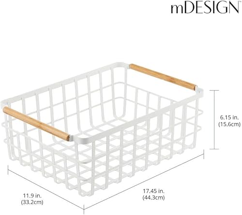 Miniatura 4 de mDesign Cesta organizadora de almacenamiento de alambre de metal con asas de madera de bambú para despensa de cocina, contenedor rústico de granja