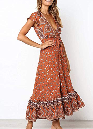 Image of R.Vivimos Women's Summer Short Sleeve Floral Print Bohemian Beach Waist Tie Wrap Long Flowy Dress with Slit
