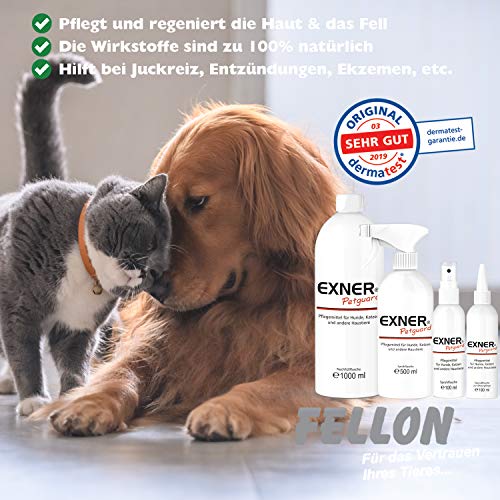Exner Petguard Fellpflege für Hunde, Katzen & andere Haustiere - Mittel bei Juckreiz, Haarausfall, Entzündung, Parasiten, Räude, Milben & Pilzbefall - biologisch & natürlich - 100 ml Sprühflasche