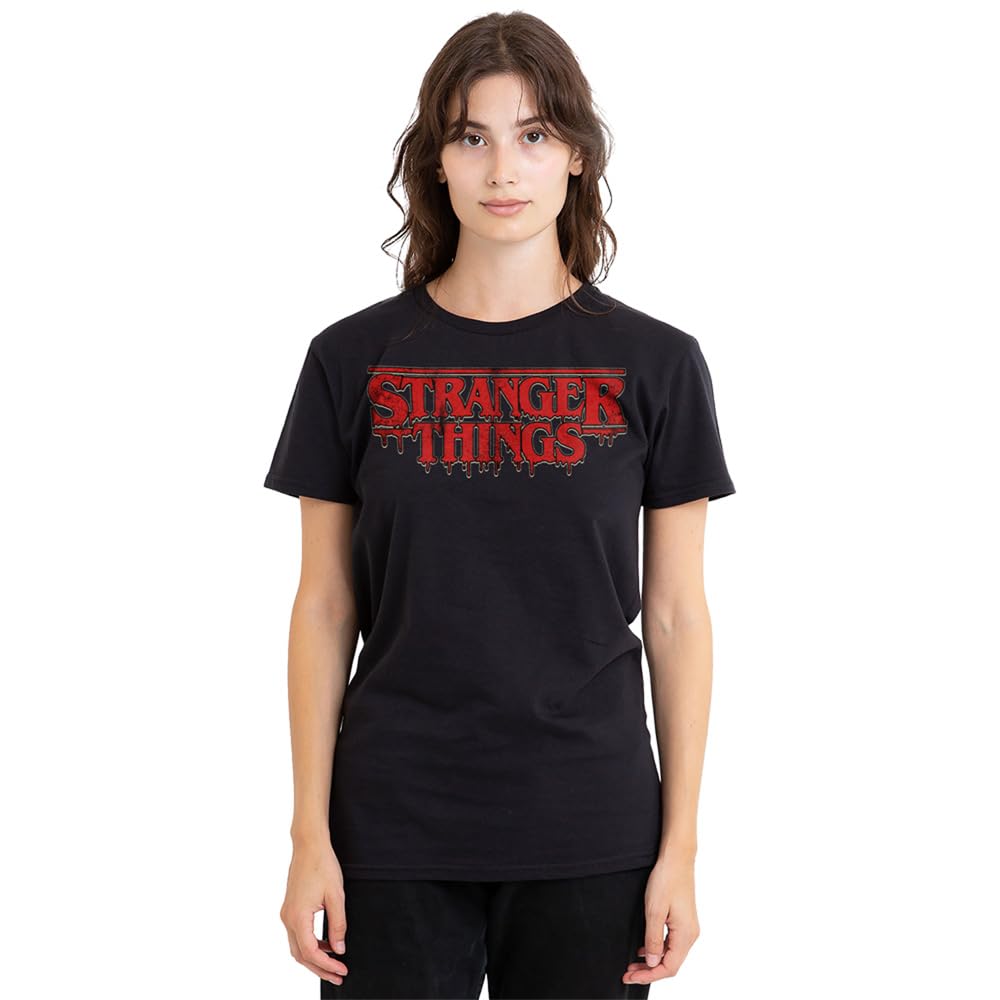 Stranger Things Retro Drippy Logo Ladies T Shirt, Black, Medium