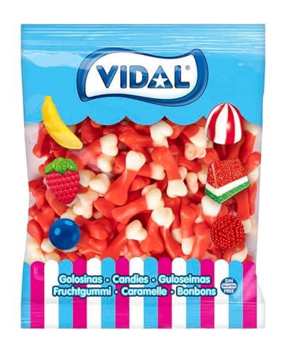 Vidal Golosinas Huesos Brillo. Color Blanco y Rojo, Sabor Fresa, Bolsa 1 Kg