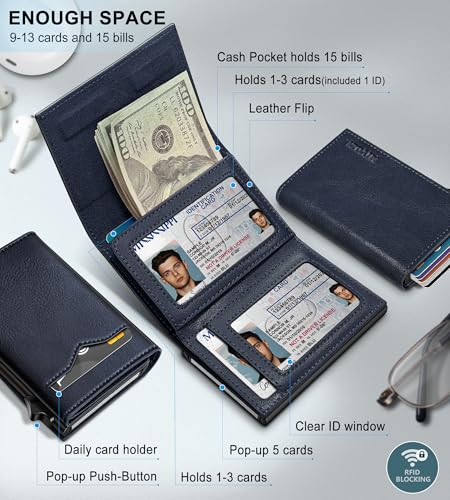 Image of miyozi Wallet for Men,with Cash Pocket 2 ID Window 9-13 Cards,Metal Case Smart Slim Pop Up Credit Card Holder Flip with Magnetic Closure RFID Blocking Trifold wallet with Gift Box